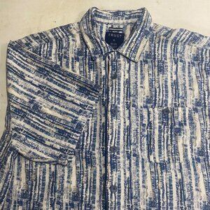 Trust Linen Blend‎ Button-Up Shirt Mens XL Blue Striped Short Sleeve Lightweight